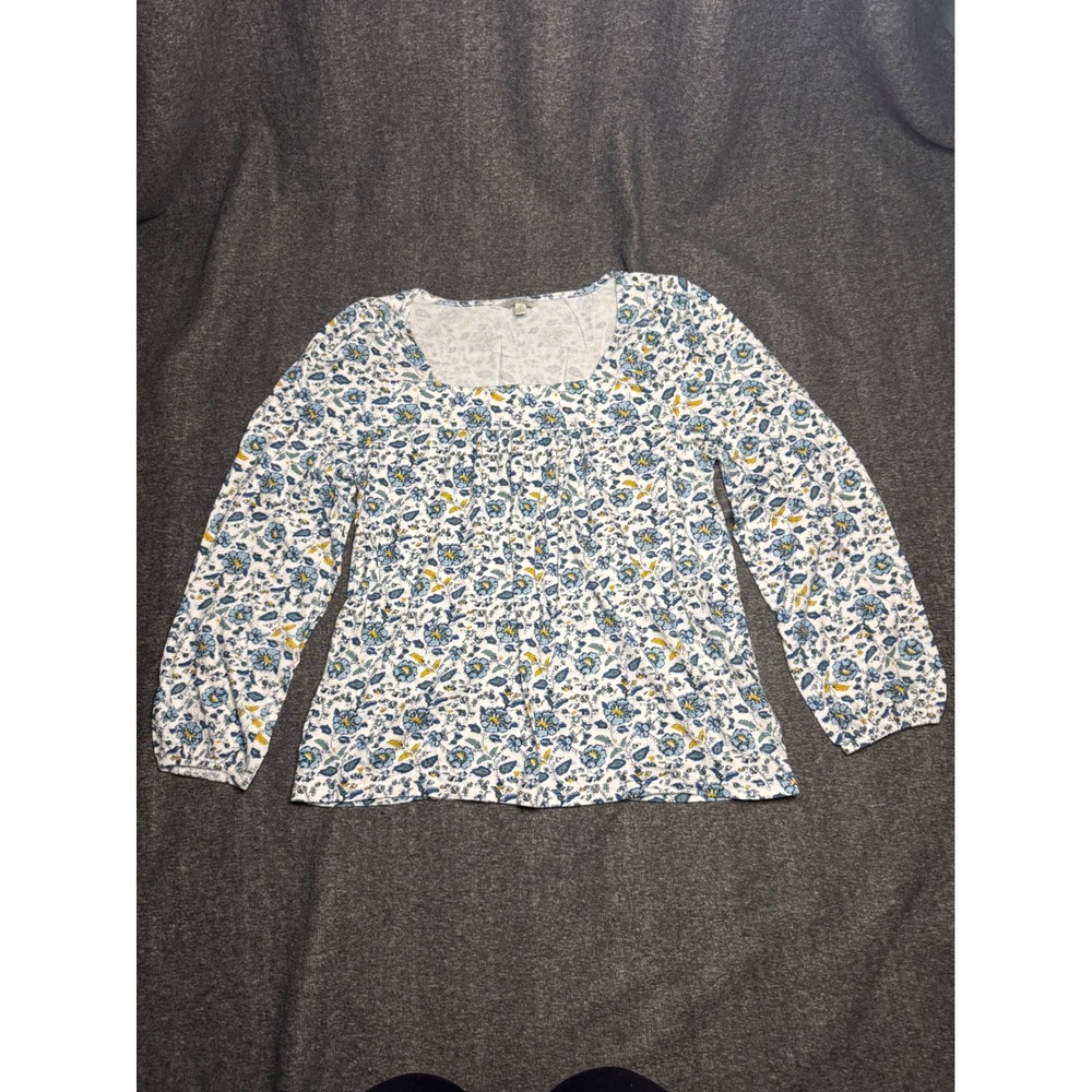 Lucky Brand Womens L Blue Floral Babydoll Peasant Top Square Neck Boho Long Slv